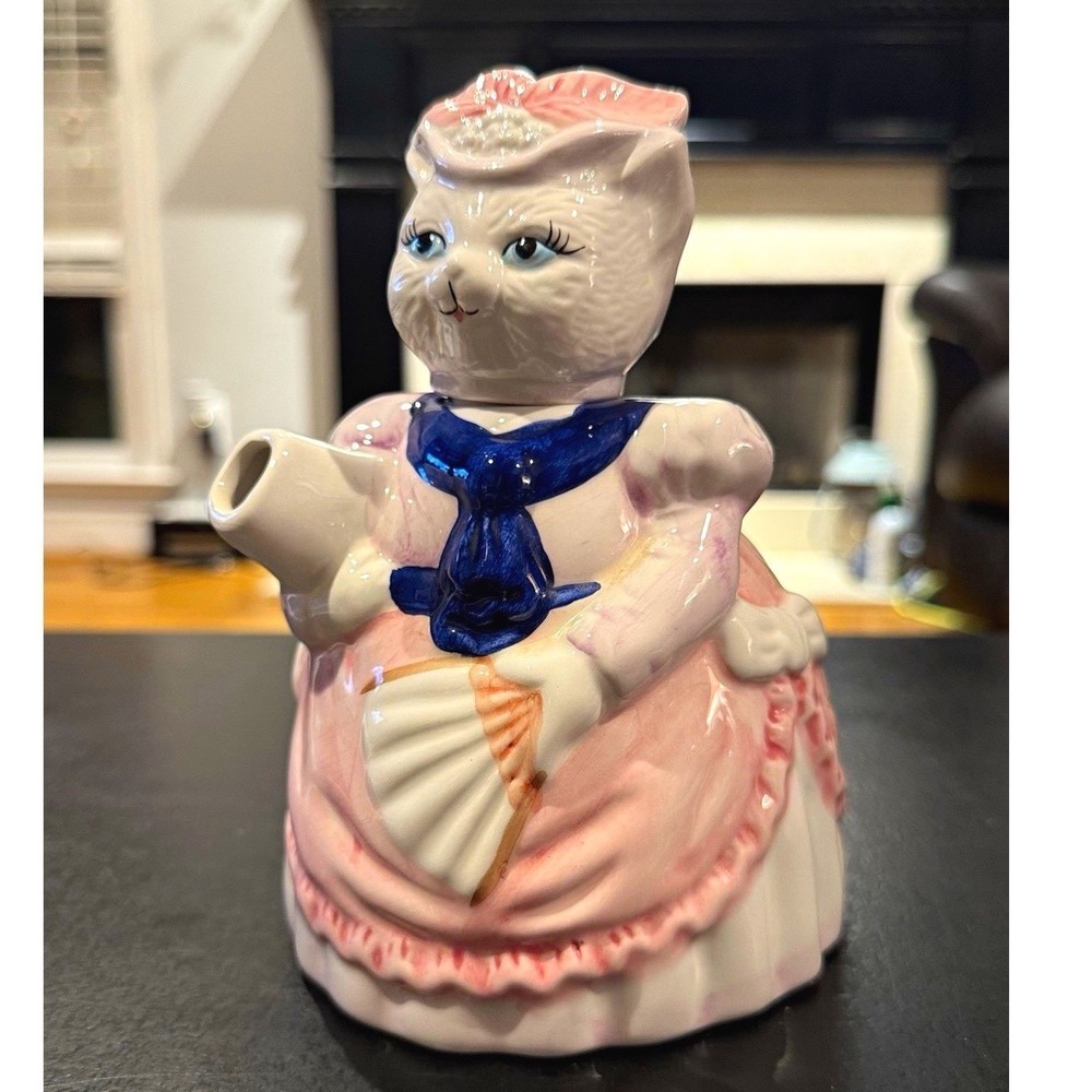 Gift Gallery Ceramic Cat Teapot Victorian Pink Dress Kitty Whimsical 7" Vintage